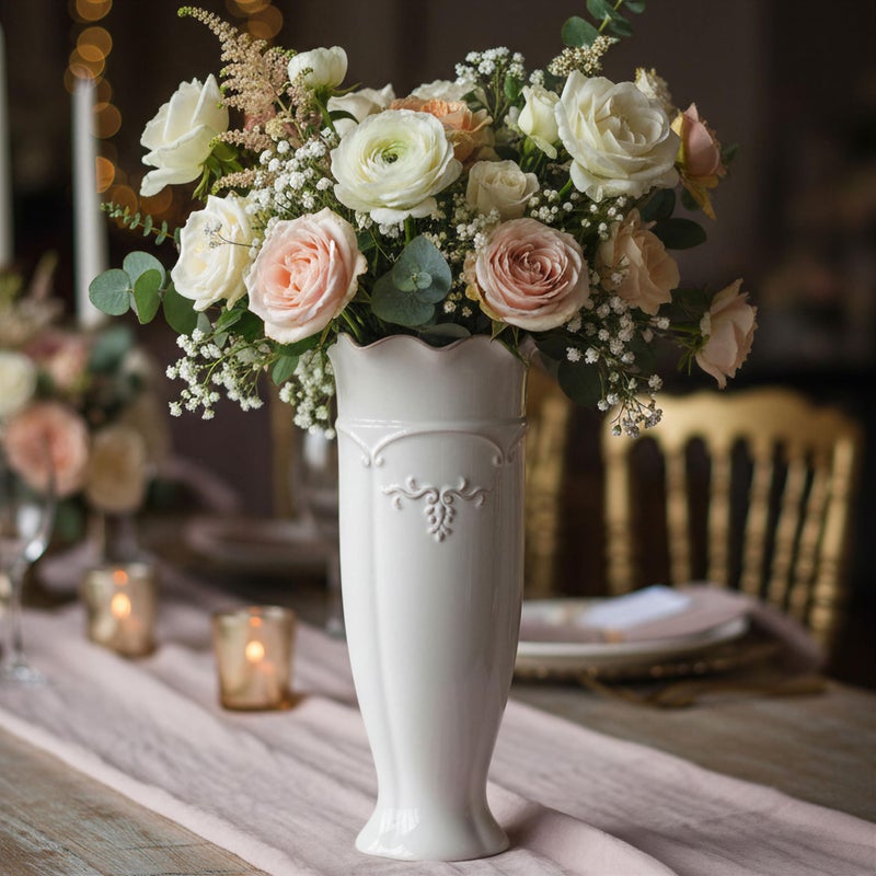 hjn White Ceramic Vase- French Flower Vase for Decor Tall Vintage Vases for Flowers/Home Decoration/Kitchen/Table/Living Room/Shelf/Mantel/Office-Height-11.6" - Image 4